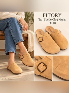 Fitory Tan Suede Buckle Clog Mules EU 40